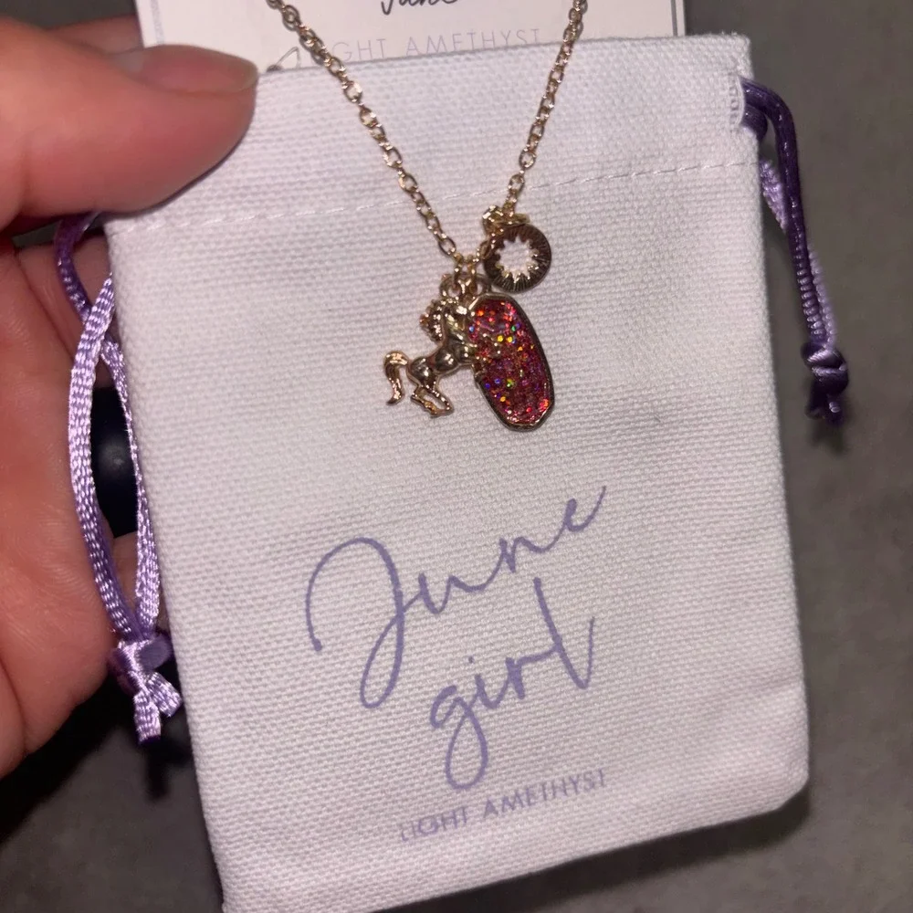 Justice Birthmonth June Necklace Light Amethyst Unicorn Charm June Girl NWT